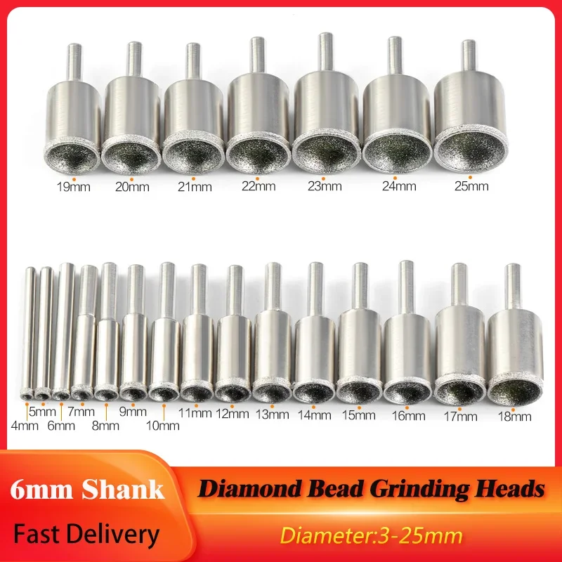 

3-25 мм шлифовальные головки с алмазными бусинами, вогнутый шарообразный полировальный круг, хвостовик 6 мм для нефритовых янтарных сферических абразивных вращающихся инструментов