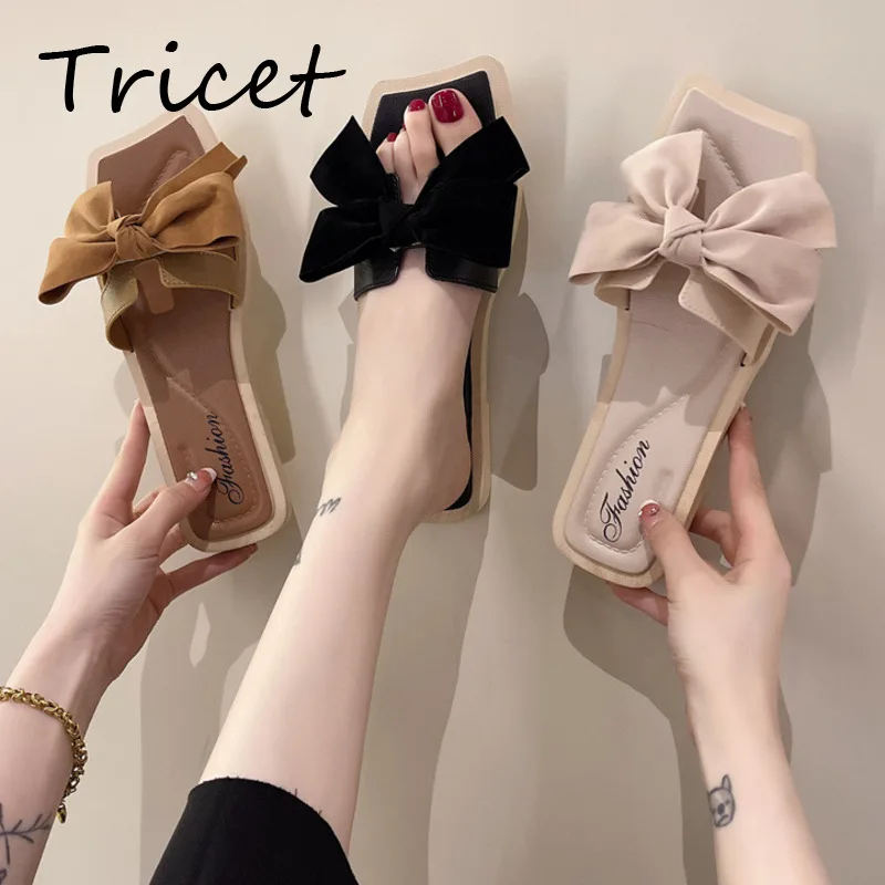 

Summer Women Flip Flops Bow Open Toe Outdoor Woman Slippers Comfortable Flats Elegant Beach Non Slip Female Lady Slides Shoes