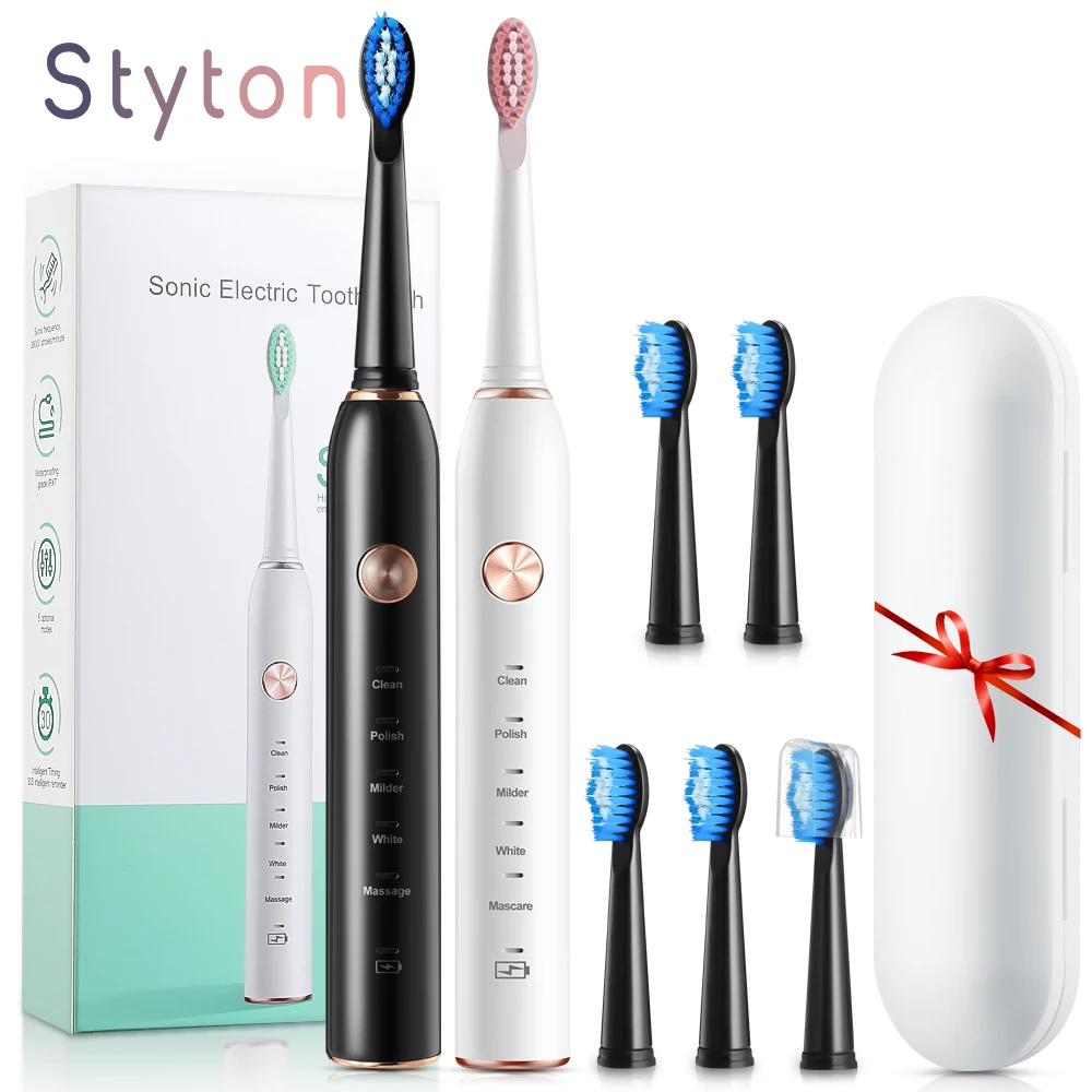 

Styton Sonic Electric Toothbrush Adult Timer Brush 5 Modes USB Charger Rechargeable Tooth With 6 Brush Head & Travel Box