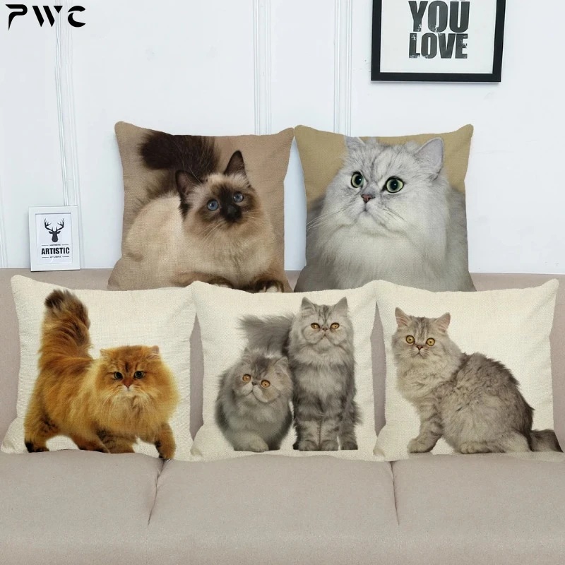 Льняная наволочка с персидским котом квадратная декоративная для дивана чехол