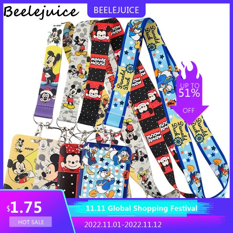

Disney Characters Stitch Mickey Toy Story Lanyard Credit Card ID Holder Bag Women Travel Card Cover Badge Keychain Decorations