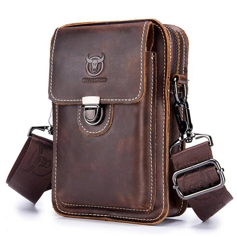 

BULLCAPTAIN Crazy horse leather Male Waist Packs Phone Pouch Bags Waist Bag Men's Small chest Shoulder Belt Bag small back pack