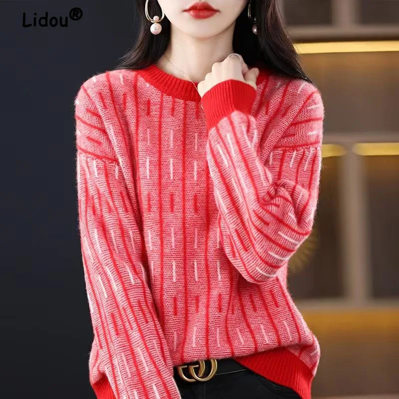 

Autumn Winter Round Neck Knitted Pullovers for Women Sweaters 2022 New Design Casual Striped Women's Clothing Chic Korean Top