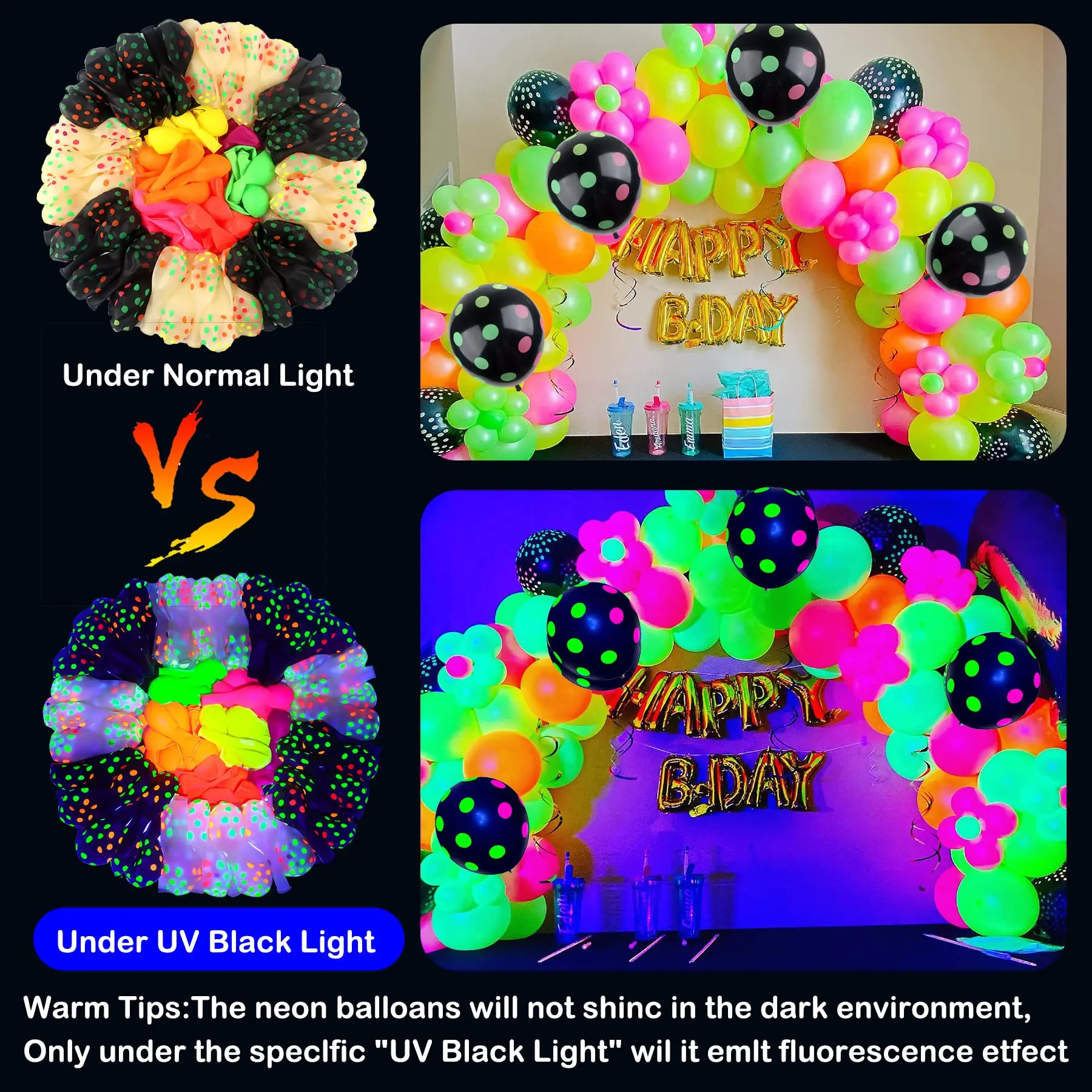 100 Pcs UV Reaction Neon Balloons Decoration 12inch Polka Dot Blacklight Balloons Glow in the Dark 3 Colors Fluorescent Balloon images - 6