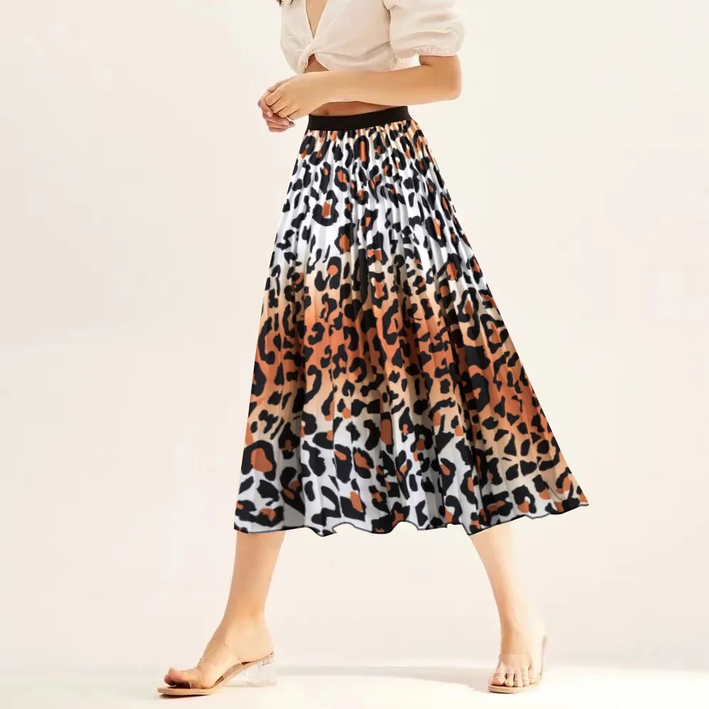 

Fashionable Leopard Print A-line Skirt Summer High Waisted Slim Pleated Skirt Women's Beach Elastic Waist Versatile Half Skirt