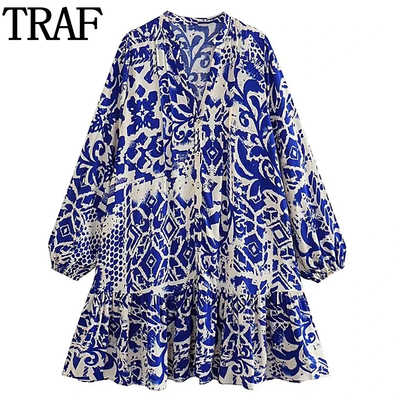 

TRAF 2023 Blue Print Short Dresses Long Sleeve Mini Dress Woman Pleated Casual Loose Women's Dress Ruffle Elegant Summer Dresses