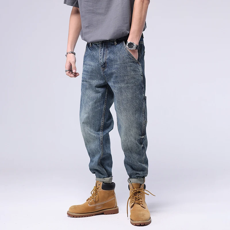 Streetwear Fashion Loose Jeans Men Retro Blue Multi Pockets Casual Denim Cargo Pants Men Overall Hip Hop Jeans Wide Leg Trousers