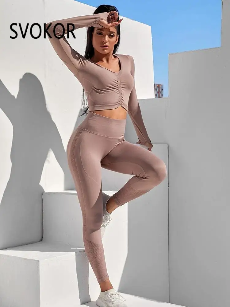 

SVOKOR Sport 2 Piece Suit Women U Neck Seamless Show Waist Long Sleeves Top Leisure Tight Quick Dry Legging Suit