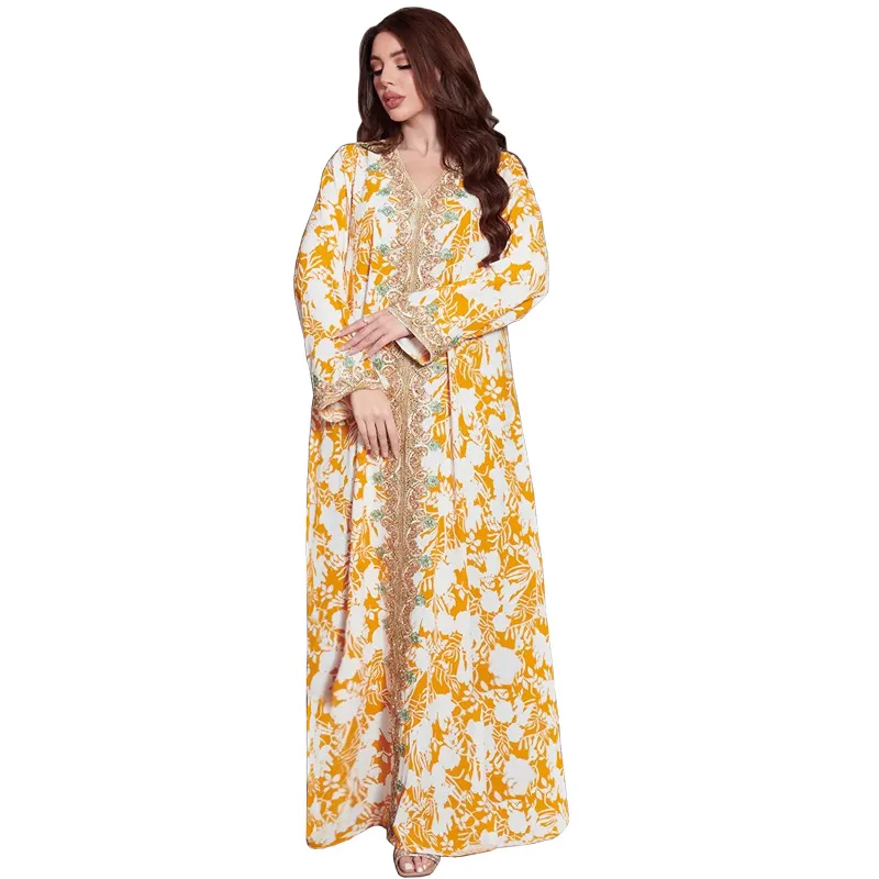 

2023 Elegant Luxury V Neck Long Sleeve Beaded Embroidery Abaya Gold Dresses Women Summer Dress