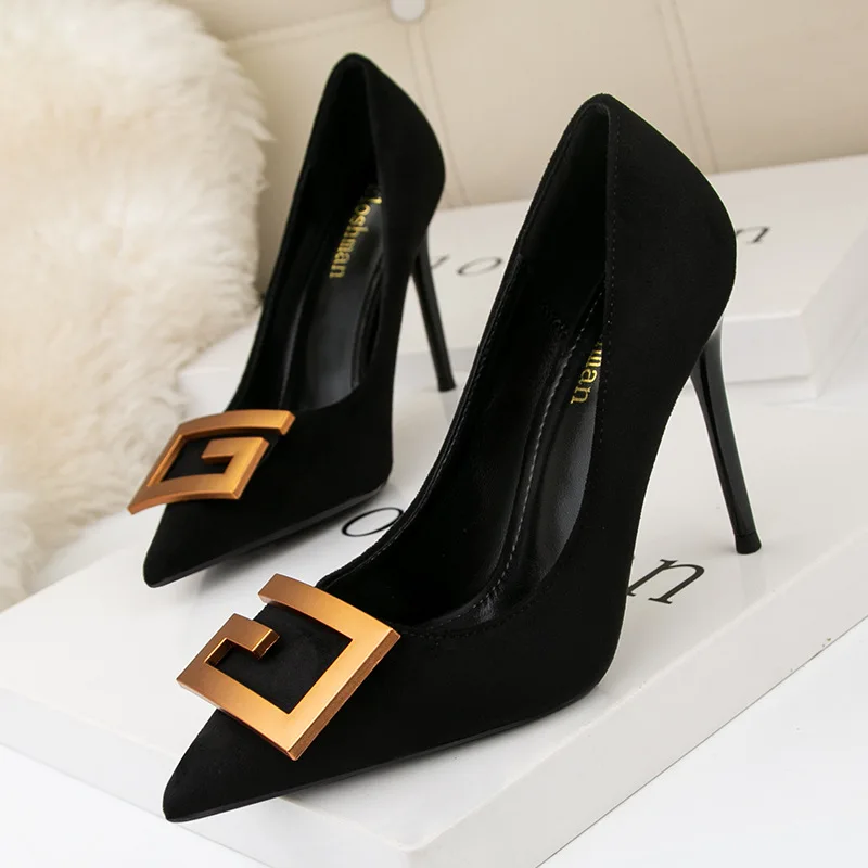 

New Fashion Thin High Heels Shallow Mouth Matel with Flock Ladies Women Shoes Black color