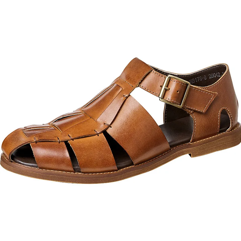 

Spring Designer Sandals Cowhide Summer Open-toed Flat-bottomed Roman Sandals Men Breathable Beach Shoes Genuine Leather Sandals
