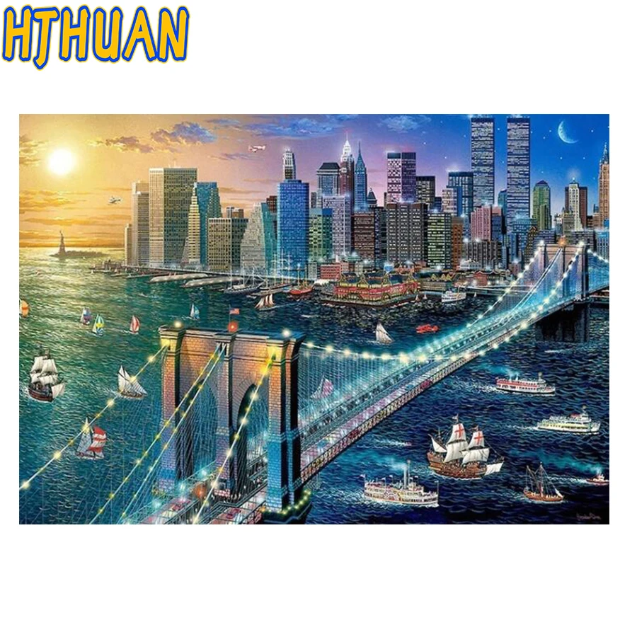 Diy Full drill Diamond Embroidery Scenery Mosaic Diamond Painting Brooklyn Bridge Lakeside Art Cross Stitch Handmade Hobby Gift