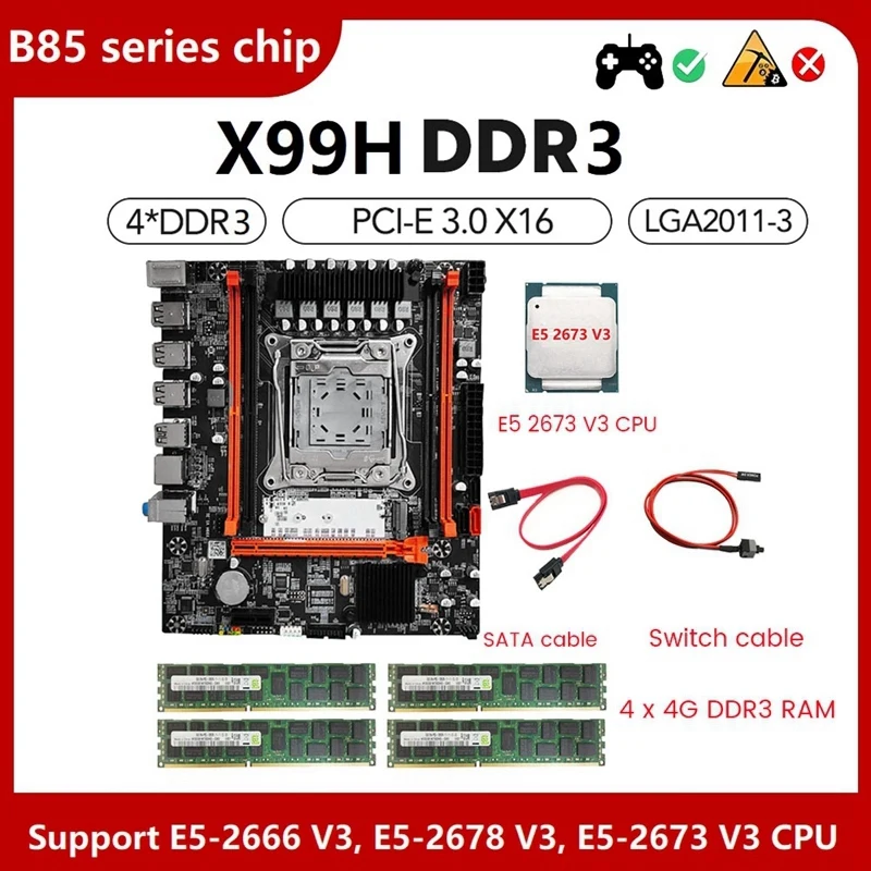 

1 Set X99H Motherboard+E5 2673 V3 CPU+4X4G DDR3 RAM+Switch/SATA Line LGA2011-V3 DDR3X4 ECC RAM Slot M.2 NVME PCI-E X16 SATA3.0