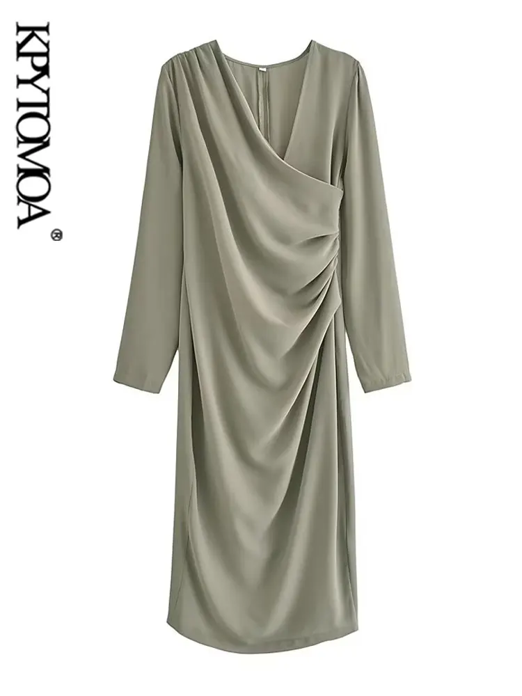 

KPYTOMOA Women Fashion With Ruched Wrap Midi Dress Vintage Long Sleeve Side Zipper Female Dresses Vestidos Mujer