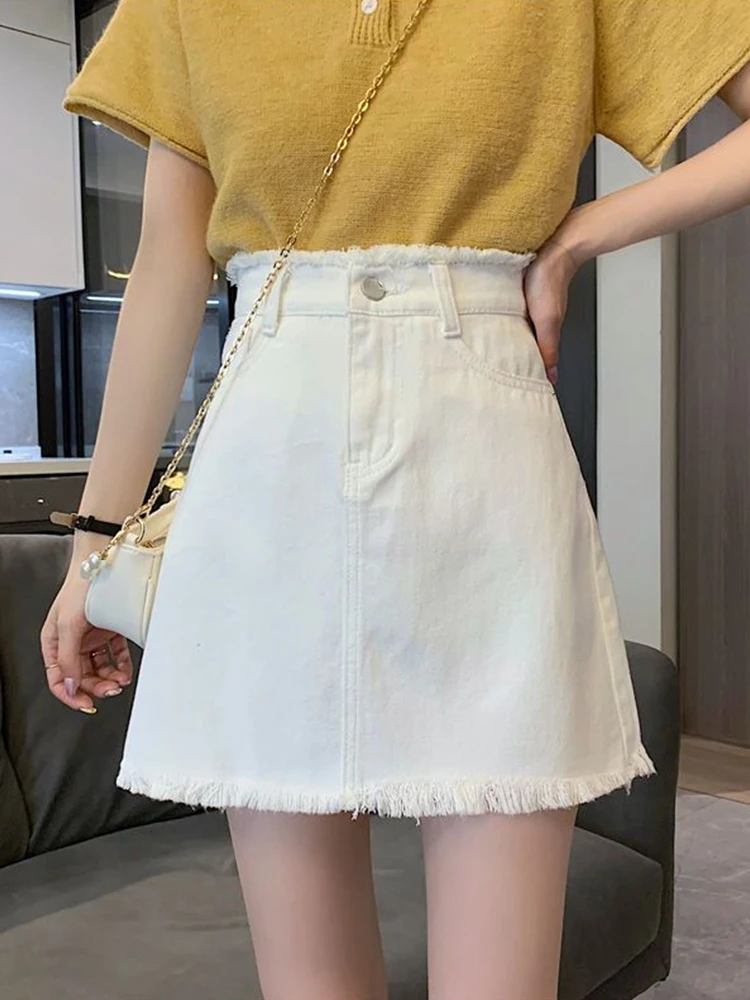 

New Summer Women High Waist Frayed Raw Hem Denim Skirt Streetwear Female Button Loose A-line Jeans Skirts Bottoms