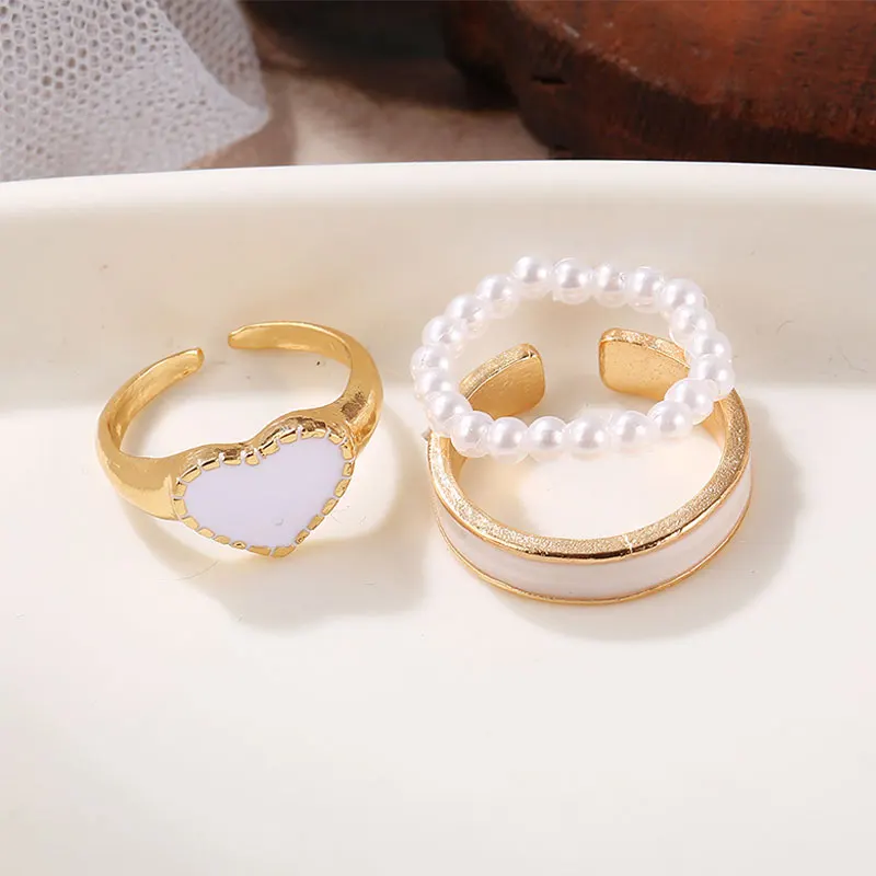 

Drips Oil Heart Rings Set For Couples Pearl Bead Finger Ring Y2K Korean Fashion Jewelry for Women Open Gold Color Ring Gift