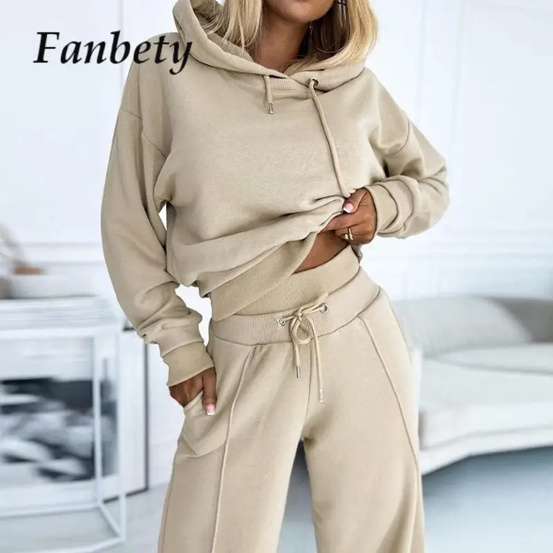 

Женский спортивный костюм из 2 предметов, однотонная Повседневная Толстовка с капюшоном и брюки с завязкой на талии, осенний костюм с длинным рукавом