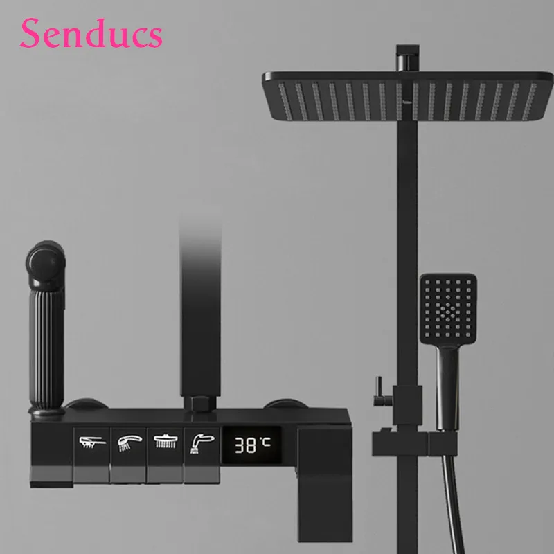 

Hot and Cold Rainfall Bathroom Shower Faucets Four-ways Black Brass Bathroom Shower Mixer Set Piano Bath Shower Systems