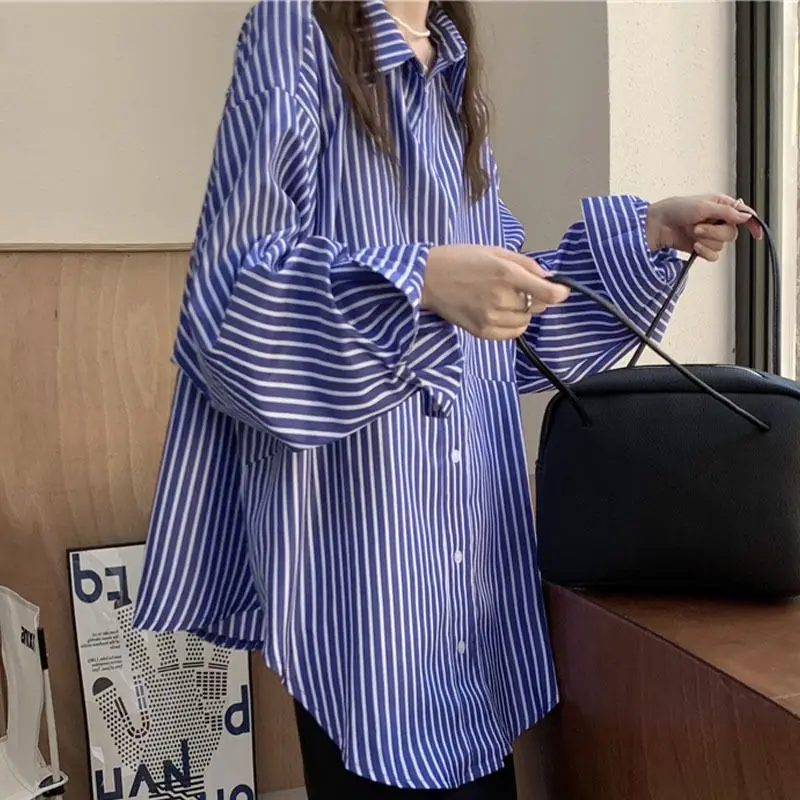 

2023 New Shirt Single Breasted Tops Elegant Long Sleeve Loose Womens Blouses Striped Spring Autumn Office Lady Women Cloth T838