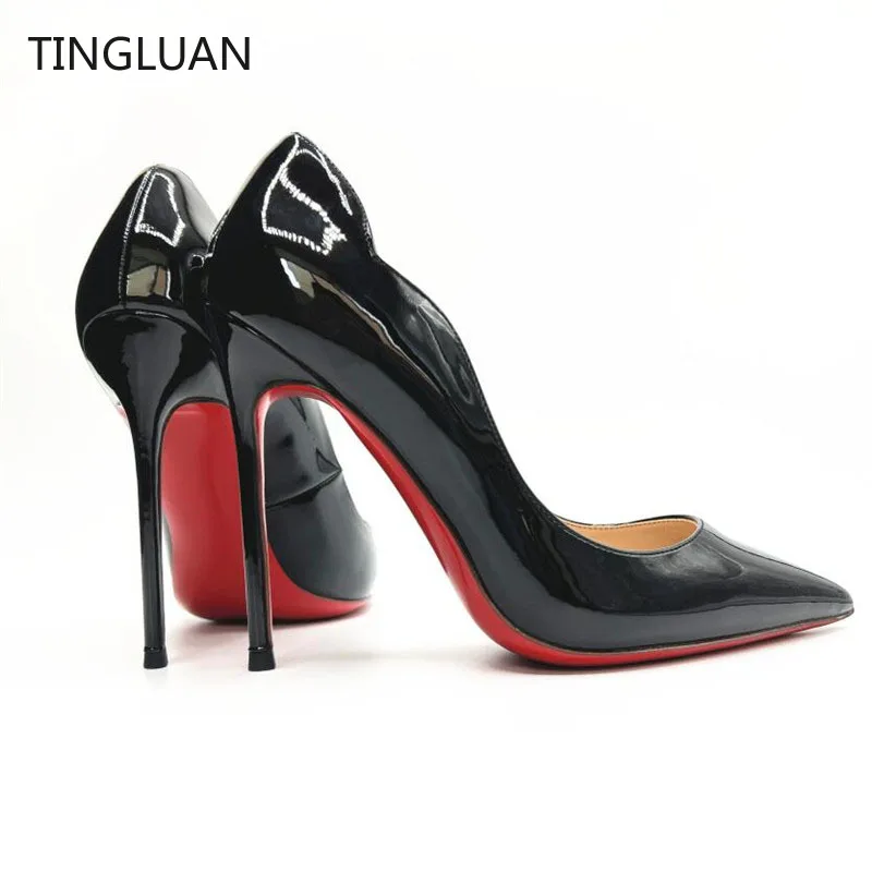

Designer Women High Heel Shoes Genuine Leather 8cm 10cm 12cm Red Shiny Bottom Pointed Toe Shoes Wedding Women Pumps Size 34-44