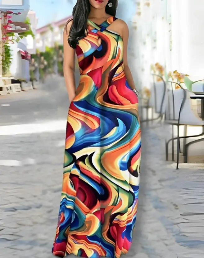 

Women Fashion Cross Halter Maxi Dress 2023 Summer New Abstract Print Pocket Design Sleeveless Casual Flared Dresses