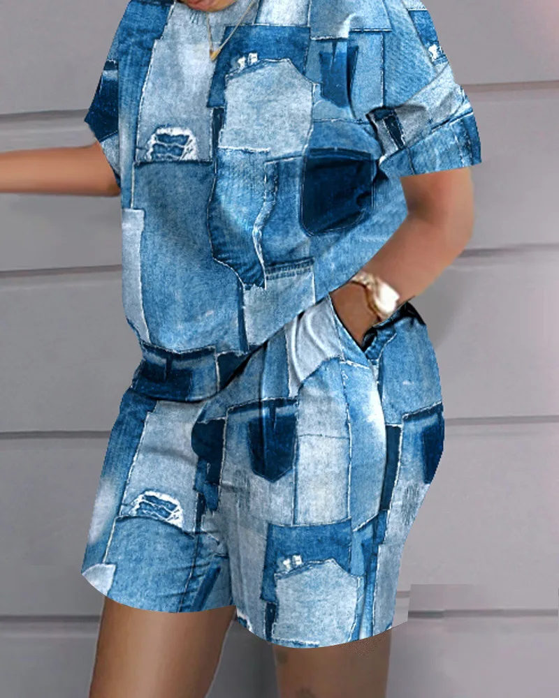 2023 Spring Women's New Casual Shorts Set Imitation Denim Print Short-sleeved Two 2-piece Set