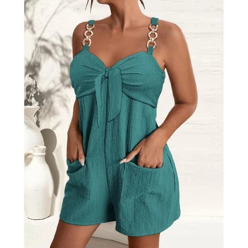 

2023 Summer Chain Strap Pocket Design Knotted Jumpsuit Women Casual Sweetheart Neck Plain Short Sleeve Daily Romper