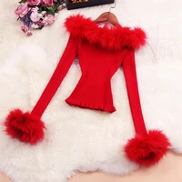 real shot 2022autumn new womens sexy off neck fur collar off shoulder furry sleeves knitwear short top fashion