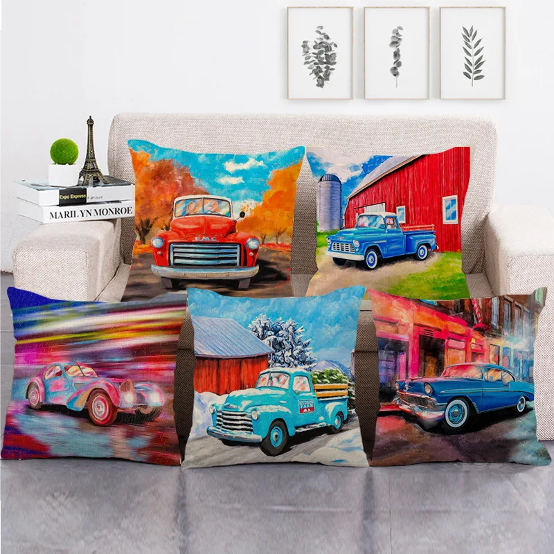 Customizable Living Room Home Decor Modern Sofa Bohemian Style Colorful Oil Painting Pillowcase Morty Retro Car Linen Pillowcase