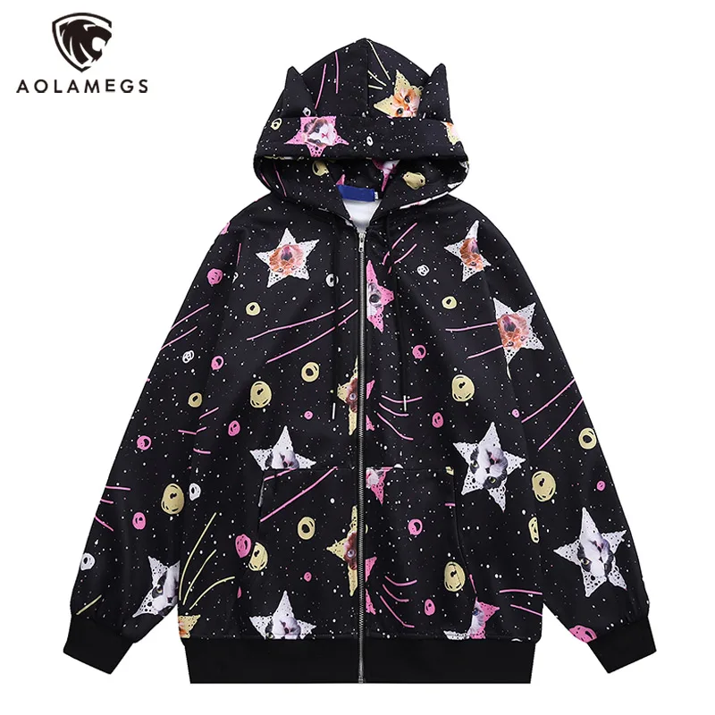 

Y2K уличная одежда с мультизвездным графическим принтом кота, толстовка с капюшоном для мужчин, большие рукава в рубчик, толстовки на молнии с кошачьими ушками, унисекс