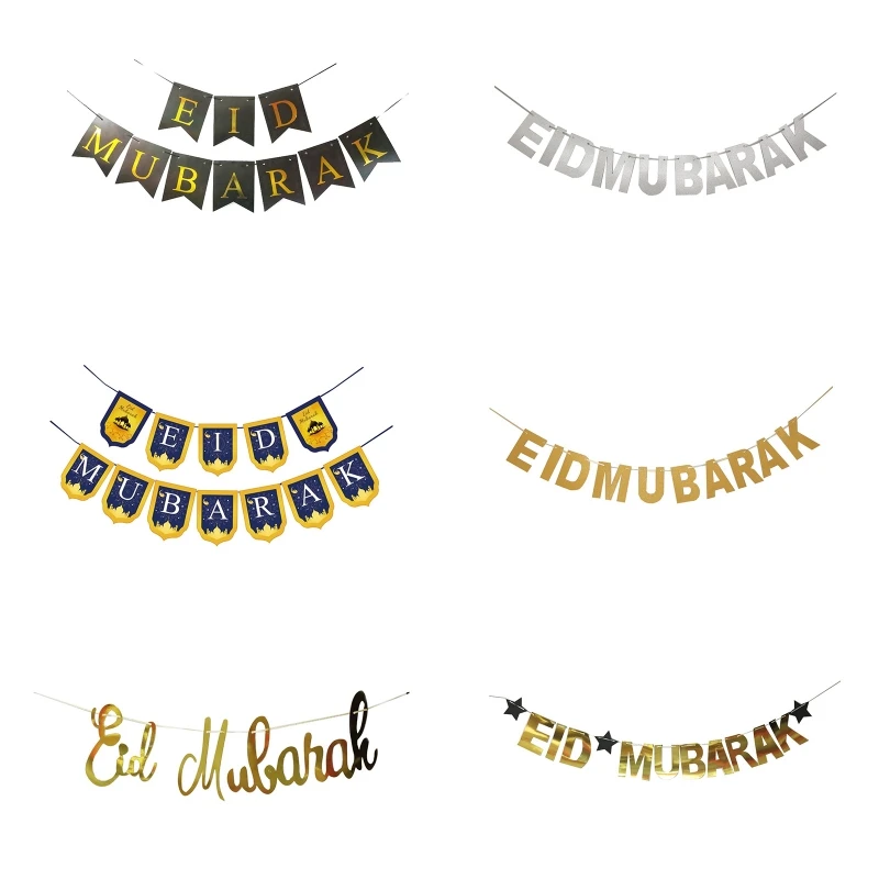 

Eid Mubarak Hanging Banner Castle Letters Pull Flag Decorative Ornament for Islamic Muslim Ramadan Party Decoration