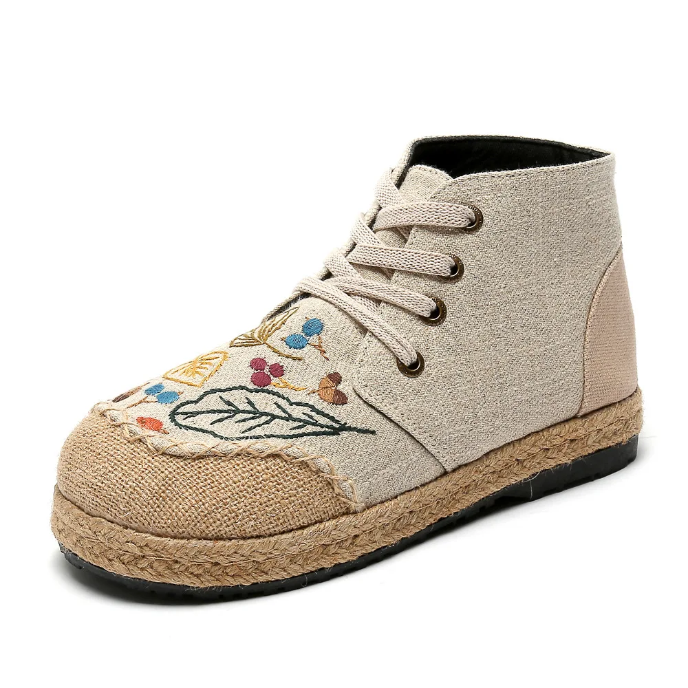 

Women Handmade Vintage Embroidered Flats Booties Shoes High Top Lace Up Canvas Sneakers Female Linen Casual Leisure Espadrilles