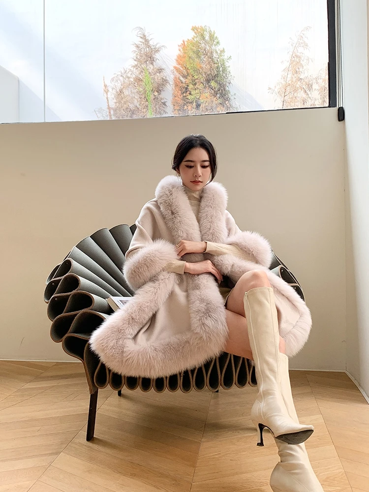 Большой женский роскошный зимний шарф с отделкой из натурального Лисьего меха