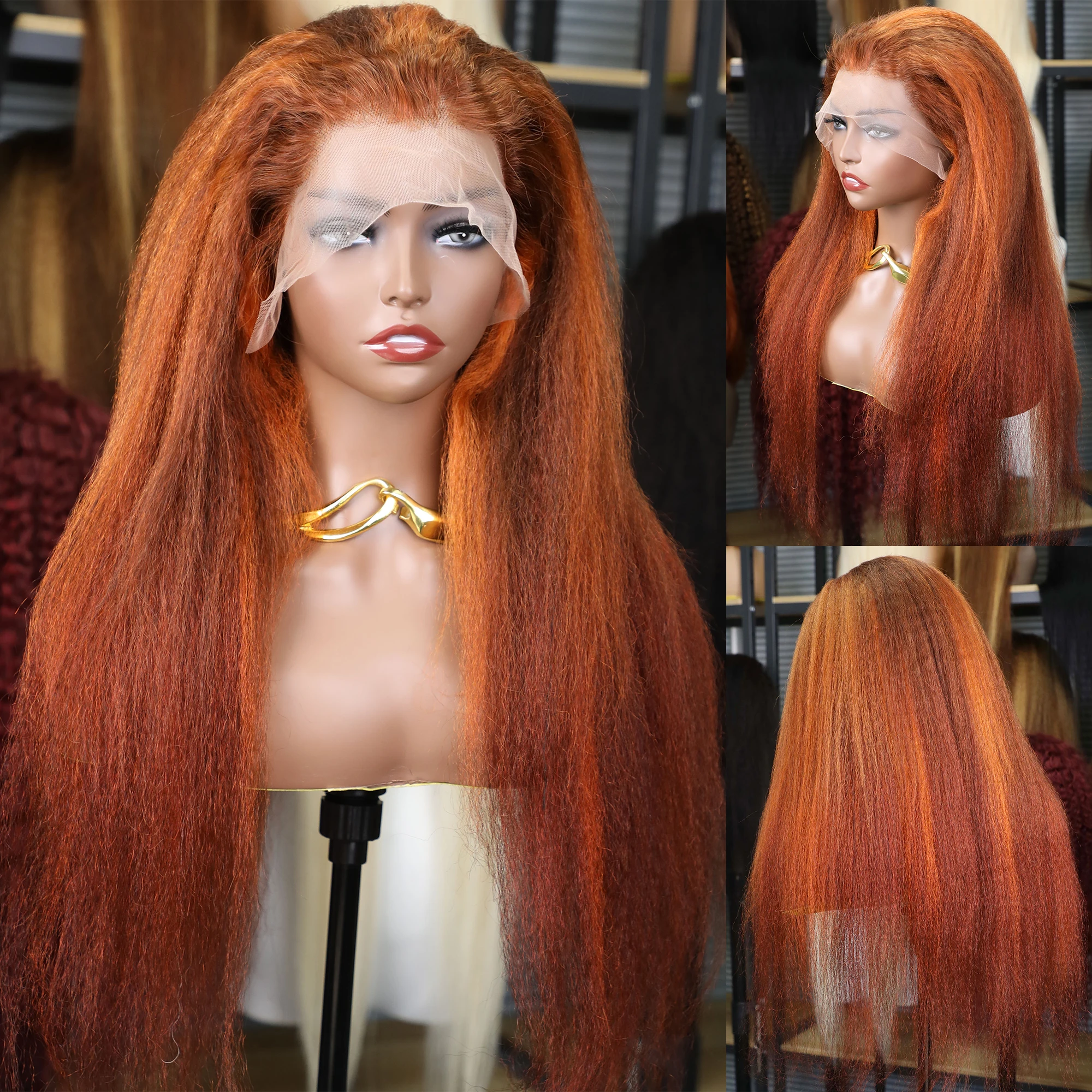 Kinky Straight 4/350 Highlight 13x6 HD Парики из натуральных волос на кружеве спереди Рыжий