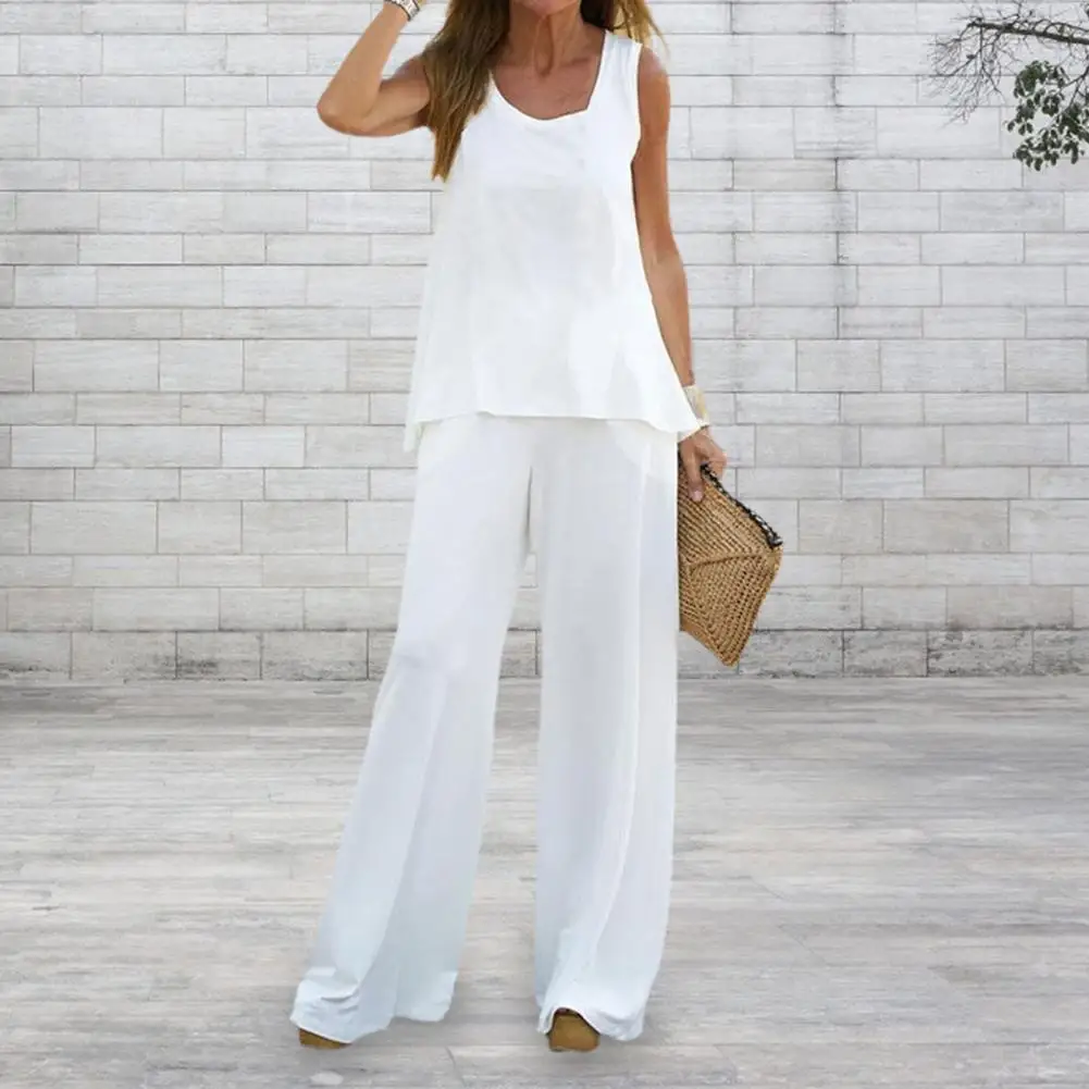 

2 Pcs/Set Trendy Loose Sleeveless Summer Tops Pants Set Women Blouse Pants Suit Deep Crotch Simple