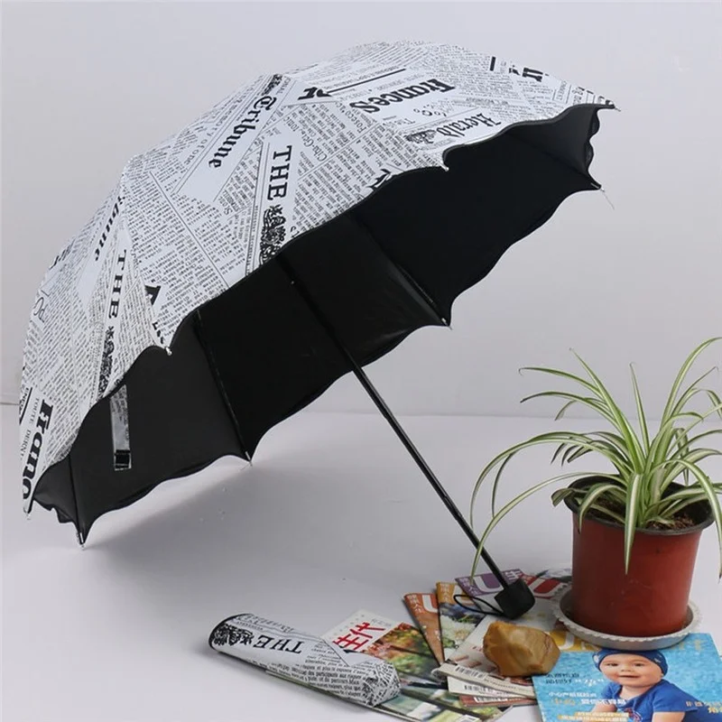 

Newspaper Printing Three Folding Umbrellas Woman Lady Princess Dome Parasol Sun Rain Umbrella Flouncing Folding Lotus Leaves J35