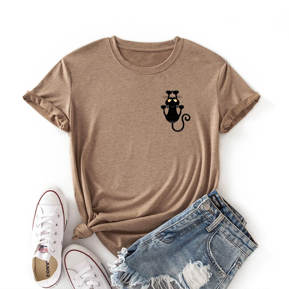 

Cats Shirt Pocket Black Cat Women Short Sleeve Colored Casual T-Shirt Summer Graphic Tee Shirts Female Clothes Tops Shirt