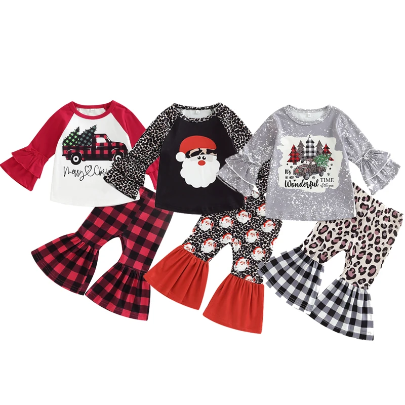 

Детские брюки для девочек, наряды, топы с длинным рукавом и принтом Санта Клауса на рождественскую елку и повседневные расклешенные брюки, к...