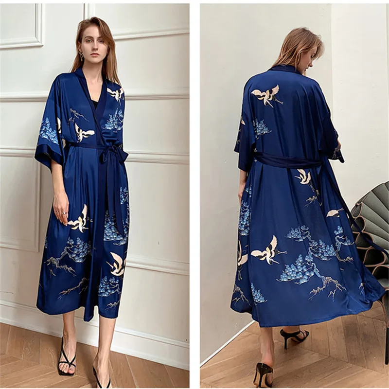 Soft Floral Robes Women Long Bathrobe Satin Kimono Bath Robe Sleepwear Dressing Gown Female Nightwear Home Wear Clothes