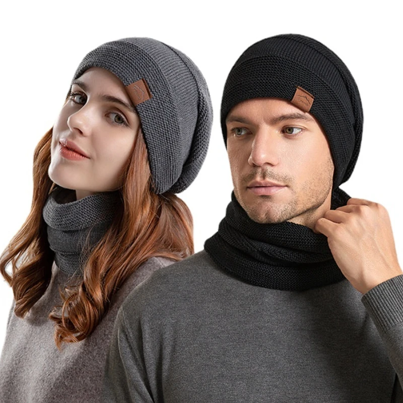 

Winter Hat Scarf Two-piece Ear Protection Windproof Knitted Suit for Women Men Fashion Lather Lable Slouchy Hat Skullies Beanie