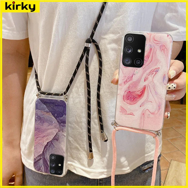 

Luxuly Glitter Marble Strap Cord Chain Phone Case For Samsung Galaxy Note20 S21 Ultra FE S22 Plus A52 A12 A32 Lanyard Rope Cover