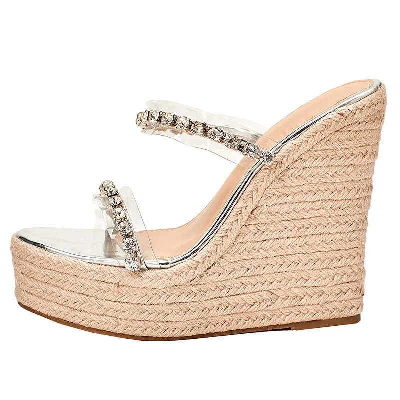 CRYSTAL Platform Wedges Slippers Summer Peep Toe Shoes Woman Sexy Super High Mules Sandal  Sandalias De Las Mujeres