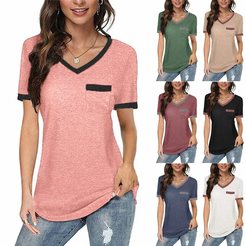 

2022 New Spring And Summer Women's V-neck Pocket Short-sleeved Contrast T-shirt Top