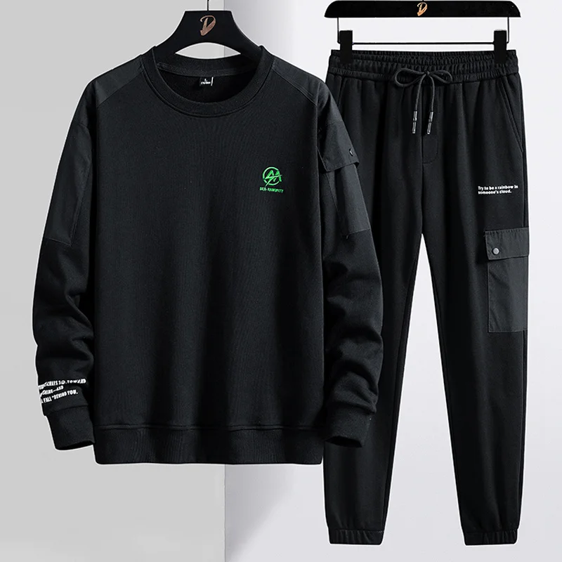 

Autumn Black Tracksuit Spring Men Oversized Sweatshirts+Pants Two Piece Sets Men Streetwear Cotton Pullover Hip Hop Sweat Suits