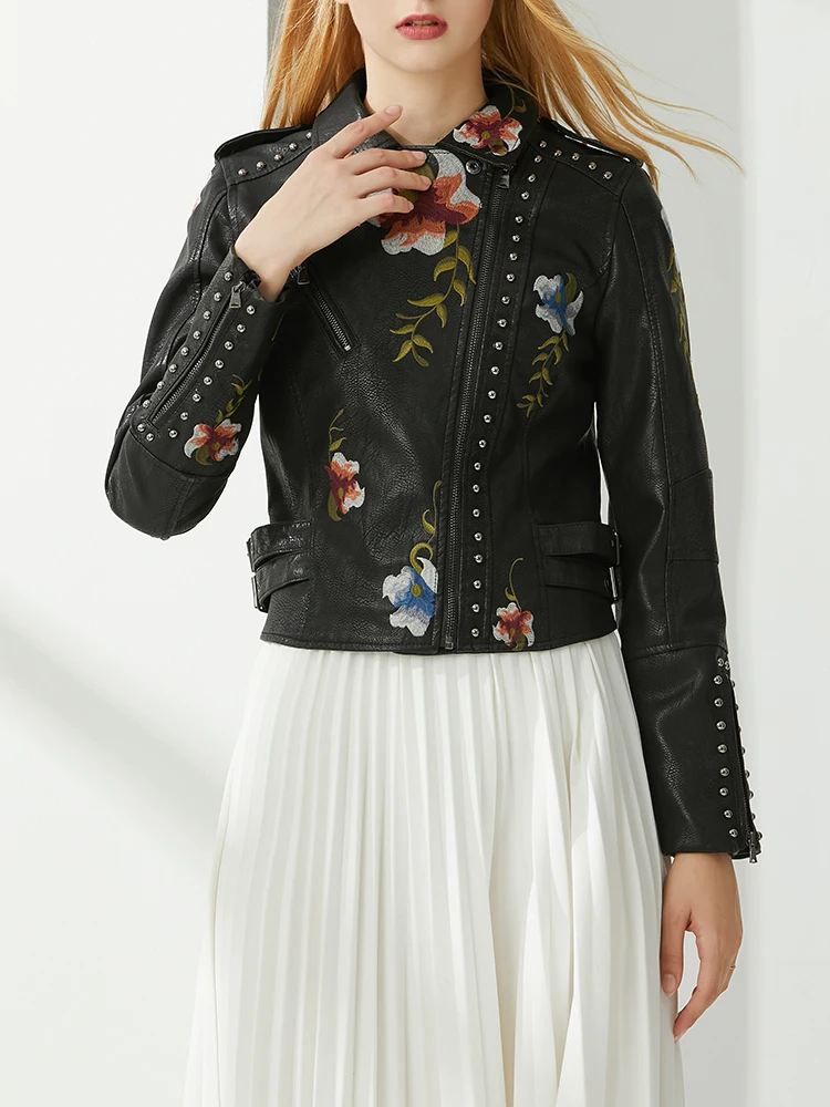 Vintage Women Floral Print Embroidery Pu Faux Leather Jacket Streetwear Female Moto Biker Zipper Coat Punk Outwear Leather