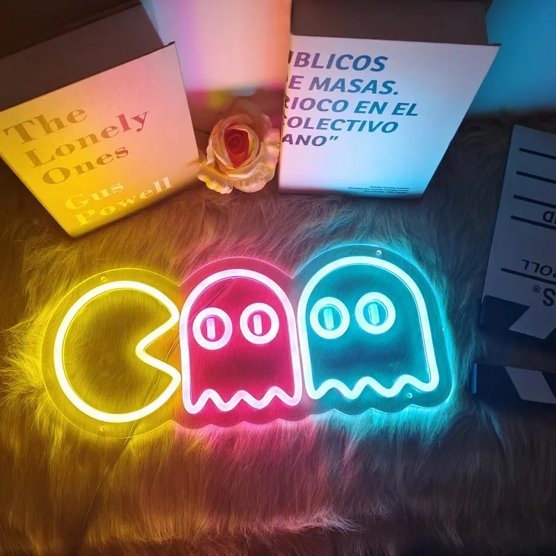 

Неоновые Настенные вывески и сообщения Pac-Man ручной работы в стиле ретро, светодиодный неоновый светильник ручной работы Pacman, настенное украшение