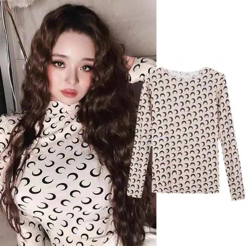 

Ice Silk Cotton Ladies Moon Print T-Shirt Sexy Top Girls Casual O-Neck Long Sleeve Mid-Length Top Thin Skinny Print T-Shirt 2XL