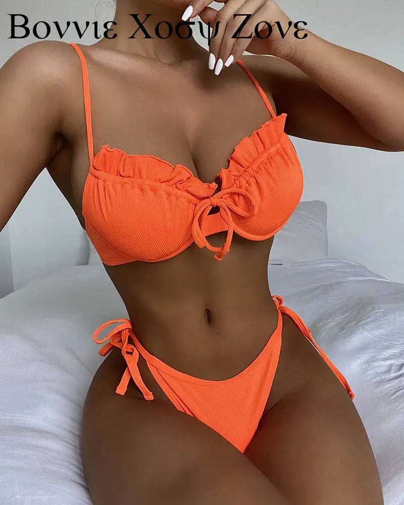 

NEW Frill Hem Sleeveless Tied Detail Bikini Set Women's Swimming Suit Swimsuit 2022 New