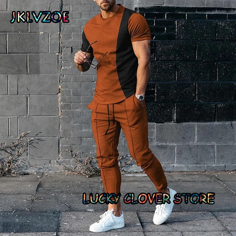 Summer Flowers Print Men Crew Neck Trousers 2 Pieces Sets Tracksuit T-shirts +Long Pants Trend Sportwear Jogging Suit Clothing