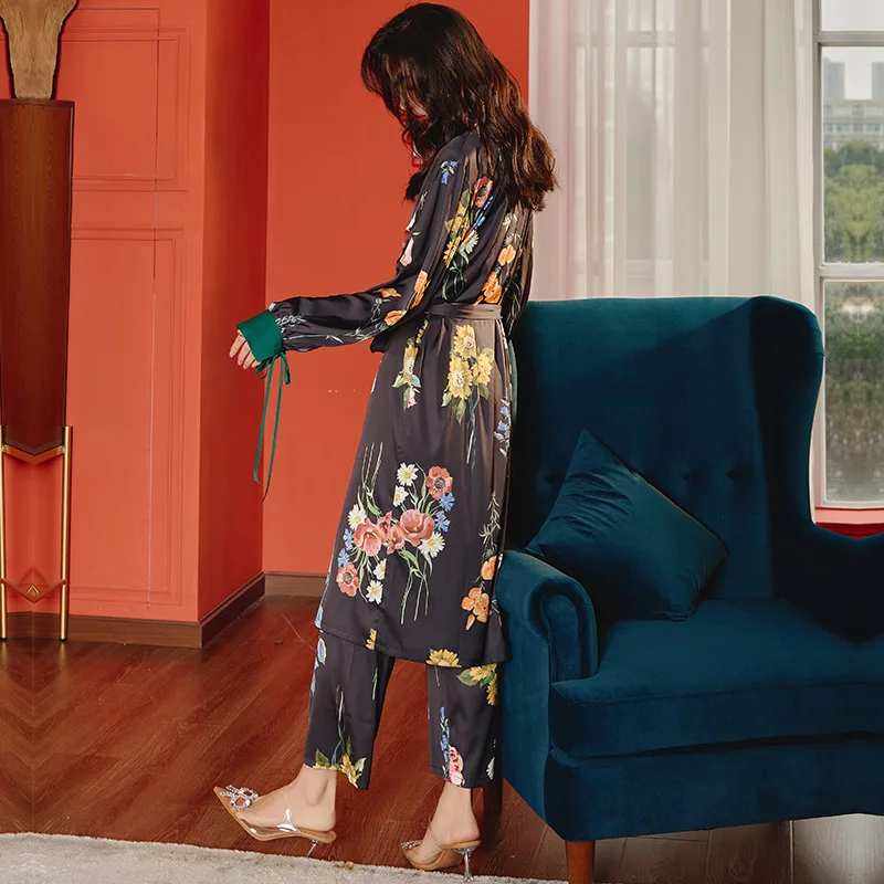 New women's pajamas women's long-sleeved ice silk satin three-piece pajamas for women  פיגמה קיץ לנשים pijama